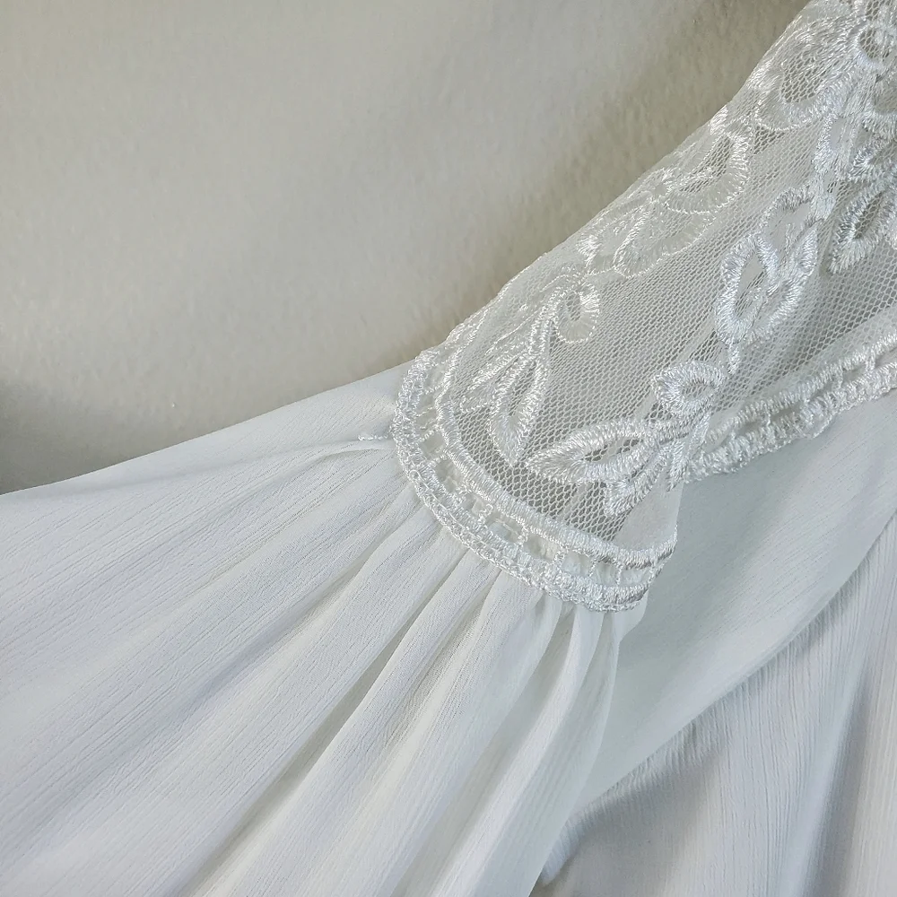 NEW Western Cottage Floral Embroidered Sheer Bishop Sleeve Gypsy Top Off White